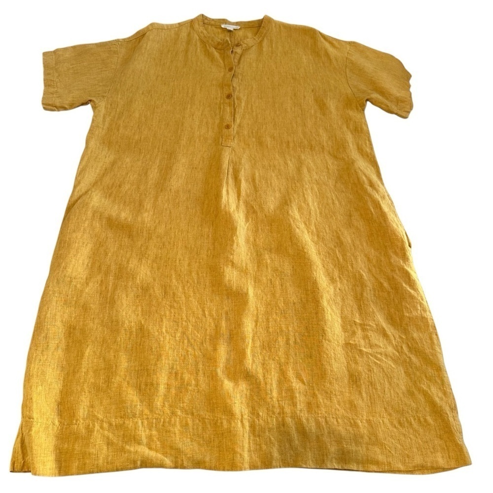 Eileen Fisher Mustard Yellow Button-Up organic linen short sleeve Dress - Picture 11 of 16